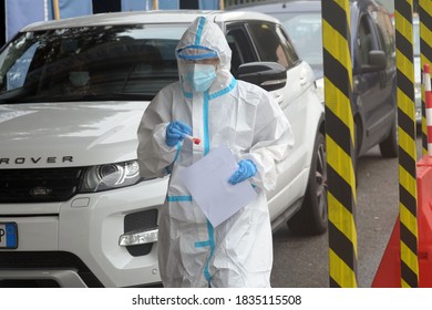 Europe, Italy , Milan October 2020, People Are Tested At A Drive Thru, Coronavirus Pandemic, Covid-19. Blood Test And Swab Nasal Test During Quarantine Home Lockdown In San Carlo Hospital, People Mask