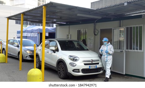 Europe, Italy , Milan October 2020, People Are Tested At A Drive Thru, Coronavirus Pandemic, Covid-19. Blood Test And Swab Nasal Test During Quarantine Home Lockdown In San Paolo Hospital, People Mask