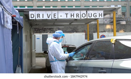 Europe, Italy , Milan October 2020, People Are Tested At A Drive Thru, Coronavirus Pandemic, Covid-19. Blood Test And Swab Nasal Test During Quarantine Home Lockdown In San Paolo Hospital, People Mask