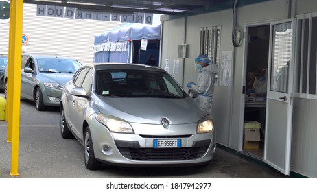 Europe, Italy , Milan October 2020, People Are Tested At A Drive Thru, Coronavirus Pandemic, Covid-19. Blood Test And Swab Nasal Test During Quarantine Home Lockdown In San Paolo Hospital, People Mask