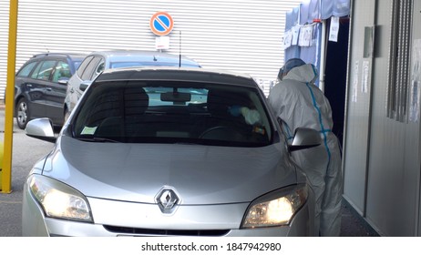 Europe, Italy , Milan October 2020, People Are Tested At A Drive Thru, Coronavirus Pandemic, Covid-19. Blood Test And Swab Nasal Test During Quarantine Home Lockdown In San Paolo Hospital, People Mask