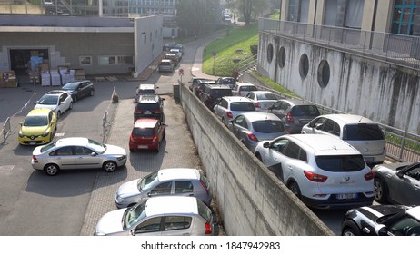 Europe, Italy , Milan October 2020, People Are Tested At A Drive Thru, Coronavirus Pandemic, Covid-19. Blood Test And Swab Nasal Test During Quarantine Home Lockdown In San Paolo Hospital, People Mask