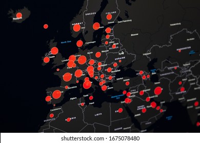 Europe Map Of Coronavirus (Covid-19), Close-up Countries With Covid-19, Covid 19 Map Confirmed Cases Report Worldwide Globally.