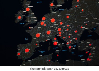 Europe Map Of Coronavirus (Covid-19), Close-up Countries With Covid-19, Covid 19 Map Confirmed Cases Report Worldwide Globally.