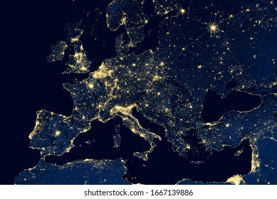 Europe map in global satellite photo, view of city lights on night Earth from space. EU and Mediterranean in world. Elements of this image furnished by NASA.
