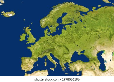 Europe map in global satellite photo, flat view of European part of world from space. Detailed physical map with texture terrain. Green land and blue seas. Elements of this image furnished by NASA.