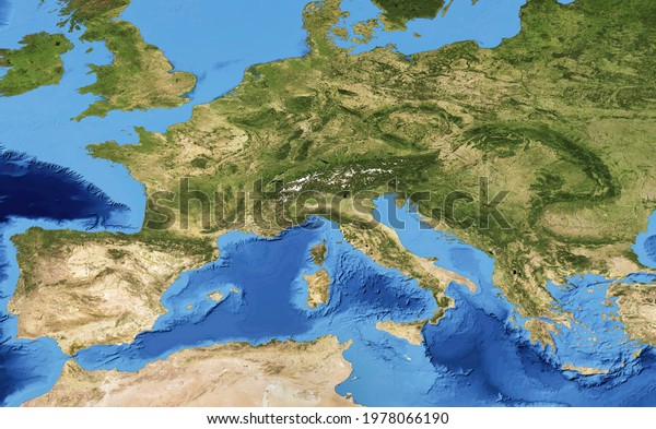 Europe map in global satellite photo, green terrain\
and blue seas. Physical detailed map of European Mediterranean,\
view from space. Europe topography. Elements of this image\
furnished by NASA.