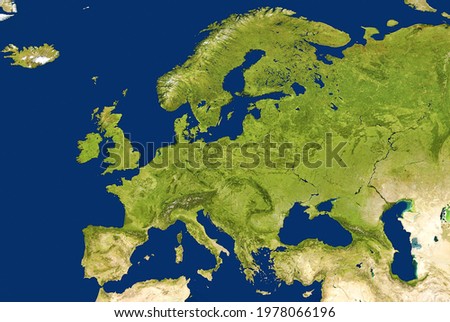 Europe map in satellite picture, flat view of European part of world from space. Detailed physical map with green land and blue seas. Europe and topography theme. Elements of image furnished by NASA.