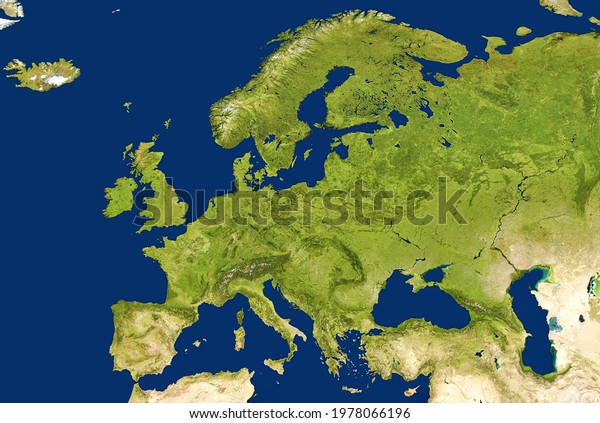 Europe map in satellite picture, flat view of\
European part of world from space. Detailed physical map with green\
land and blue seas. Europe and topography theme. Elements of image\
furnished by NASA.