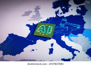 Europe Map with virtual gavel and sound block and AI word. Concept of the EU recently adopted the AI Act, ushering in new restrictions on Artificial Intelligence use cases and mandating transparency