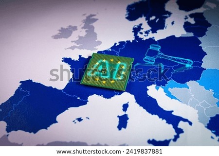 Europe Map with virtual gavel and sound block and AI word. Concept of the EU recently adopted the AI Act, ushering in new restrictions on Artificial Intelligence use cases and mandating transparency