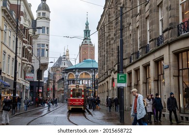 Europe, Netherlands, The Hague. Street Scene With The Medieval Saint Jacob's Church.