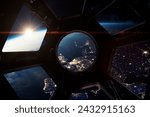 Europe at night. View on night Earth from porthole on space station. ISS window. International space station and Earth planet with stars view. Elements of this image furnished by NASA.