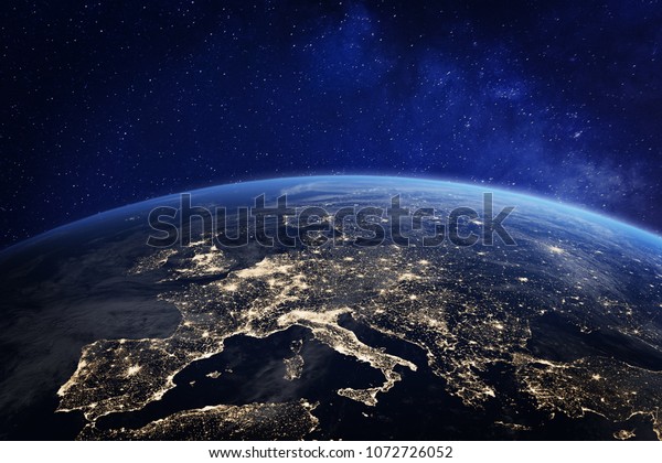 Europe at night\
viewed from space with city lights showing human activity in\
Germany, France, Spain, Italy and other countries, 3d rendering of\
planet Earth, elements from\
NASA