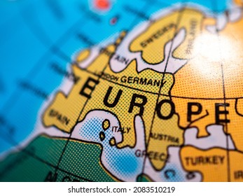 Europe political map on toy globe. Shallow depth of field closeup. - Shutterstock ID 2083510219