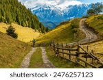 Europe, Romania, Transylvania, Carpathian Mountains. Hill sides, hiking trails, fields.