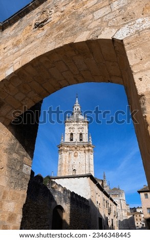 Europe, Spain, Castile and Leon, Burgo de Osma, The Cathedral of Burgo de Osma (Steeple) from the Puerta de San Miguel Gateway