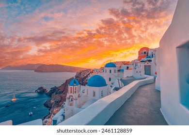 Europe summer destination. Traveling tourism, sunset scenic famous landscape of Santorini island, Oia, Greece. Caldera view, colorful clouds, dream cityscape. Vacation destination, honeymoon romance - Powered by Shutterstock