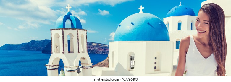 Europe Tourist Travel Woman Panorama Banner From Oia, Santorini, Greece. Happy Young Woman Looking At Famous Blue Dome Church Landmark Destination. Beautiful Girl Visiting The Greek Islands.