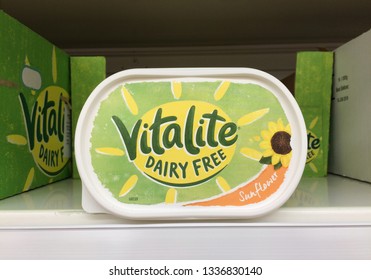 Europe UK Bedfordshire Bedford Tesco 12th March 2019. Inside Major Supermarket On Food Aisle. Plastic Tub Of Dairy Free Margarine. 