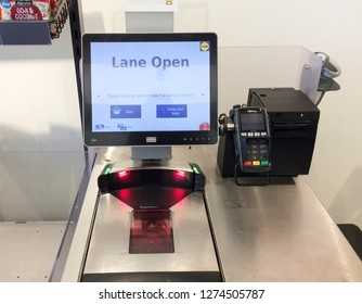 Europe UK East Lincolnshire Mablethorpe December 2018. Major Supermarket Bagging Area. Self Service Scanning Till And Bagging Area. 