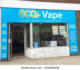 Europe UK Lincolnshire Mablethorpe May 2019. Eco Vape Store Front With Advertising Sign. Front Door Open For Business.