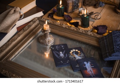 Europe, Ukraine. Kiev April 21 : Illustrative Editorial. Tarot cards and esoteric concept. Magic rituals. Mystical table with details