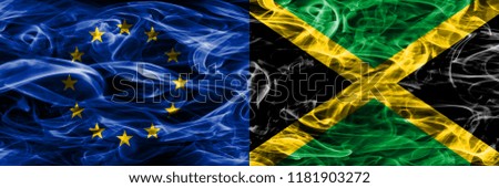 Europe Union and Jamaica colorful concept smoke flags placed side by side