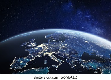 Europe viewed from space at night with city lights in European Union member states, global EU business and finance, satellite communication technology, planet Earth, world map from NASA