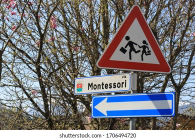 Europe Virus Outbreak. Pergine Valsugana, Italy On April 11, 2020. Montessori School And Sign.