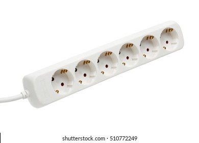 European 6-way Power Strip Earthed Isolated On White Background.