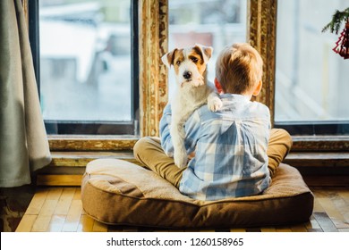 European Blond Boy And Jack Russel Terrier Sitting On The Windowsill And Look Out The Window At The Snow. School Age Child And Dog At Home, Winter Day, Cozy Lifestyle Concept.