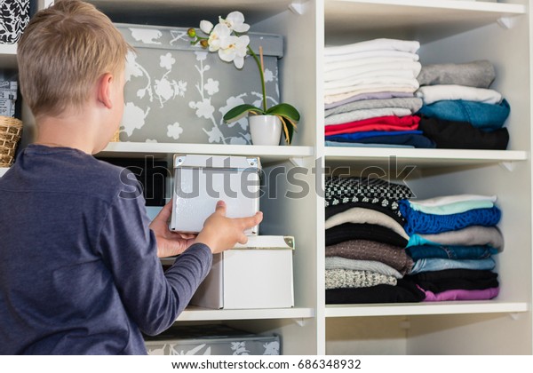 European Blond Boy Teenager Brings Wardrobe Stock Photo Edit Now