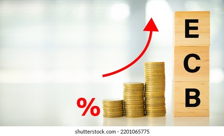 European Central Bank Interest rates rise policy concept. Money coin and Wooden blocks with ECB and arrow point up. - Shutterstock ID 2201065775