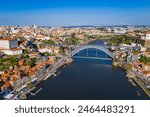 European city Porto with Luis I Bridge over Douro river in Portugal, aerial view