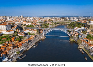 European city Porto with Luis I Bridge over Douro river in Portugal, aerial view - Powered by Shutterstock