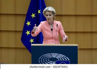 European Commission President Ursula Von Der Leyen Addresses The Plenary During Her First State Of The Union Speech At The European Parliament In Brussels,Belgium On Sept. 16, 2020.