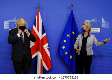 European Commission President  Ursula von der Leyen welcomes British Prime Minister Boris Johnson prior to a meeting at EU headquarters in Brussels, Belgium on Dec. 9, 2020.  