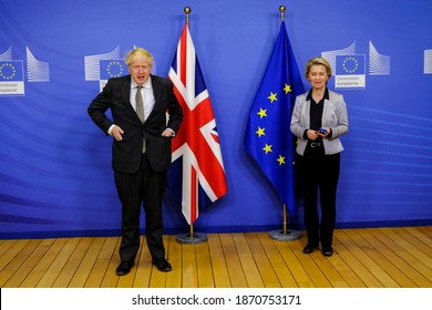 European Commission President  Ursula von der Leyen welcomes British Prime Minister Boris Johnson prior to a meeting at EU headquarters in Brussels, Belgium on Dec. 9, 2020.  