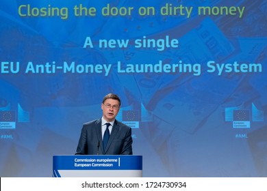 European Commissioner In Charge Of Economy Valdis Dombrovskis Gives A Press Conference On The Commission’s Fight Against Money Laundering And Terrorist Financing In Brussels, Belgium, 7 May, 2020.