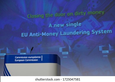 European Commissioner In Charge Of Economy Valdis Dombrovskis Gives A Press Conference On The Commission’s Fight Against Money Laundering And Terrorist Financing In Brussels, Belgium, 7 May, 2020.