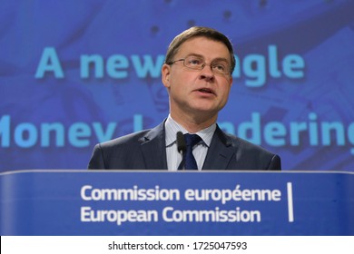 European Commissioner In Charge Of Economy Valdis Dombrovskis Gives A Press Conference On The Commission’s Fight Against Money Laundering And Terrorist Financing In Brussels, Belgium, 7 May, 2020.