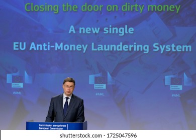 European Commissioner In Charge Of Economy Valdis Dombrovskis Gives A Press Conference On The Commission’s Fight Against Money Laundering And Terrorist Financing In Brussels, Belgium, 7 May, 2020.