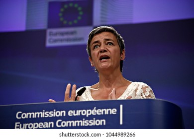 European Commissioner For Competition Margrethe Vestager Gives A Press Conference In Brussels, Belgium On May 17, 2017 