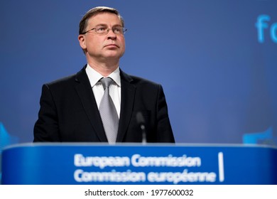 European Commissioner For Economy Paolo Gentiloni And European Commissioner For Trade Valdis Dombrovskis Hold A Press Conference Press Conference In Brussels, Belgium On May 18, 2021.