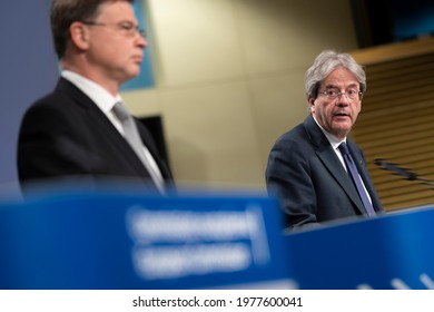 European Commissioner For Economy Paolo Gentiloni And European Commissioner For Trade Valdis Dombrovskis Hold A Press Conference Press Conference In Brussels, Belgium On May 18, 2021.