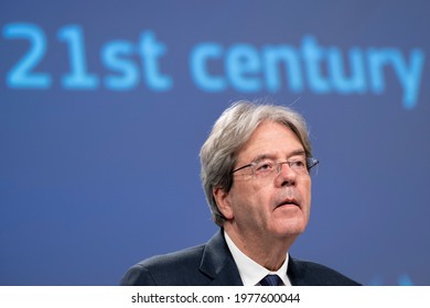 European Commissioner For Economy Paolo Gentiloni And European Commissioner For Trade Valdis Dombrovskis Hold A Press Conference Press Conference In Brussels, Belgium On May 18, 2021.