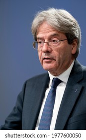 European Commissioner For Economy Paolo Gentiloni And European Commissioner For Trade Valdis Dombrovskis Hold A Press Conference Press Conference In Brussels, Belgium On May 18, 2021.