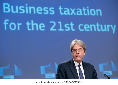 European Commissioner For Economy Paolo Gentiloni And European Commissioner For Trade Valdis Dombrovskis Hold A Press Conference Press Conference In Brussels, Belgium On May 18, 2021.