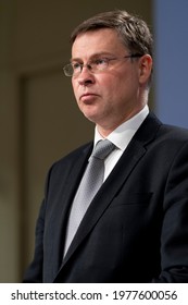 European Commissioner For Economy Paolo Gentiloni And European Commissioner For Trade Valdis Dombrovskis Hold A Press Conference Press Conference In Brussels, Belgium On May 18, 2021.